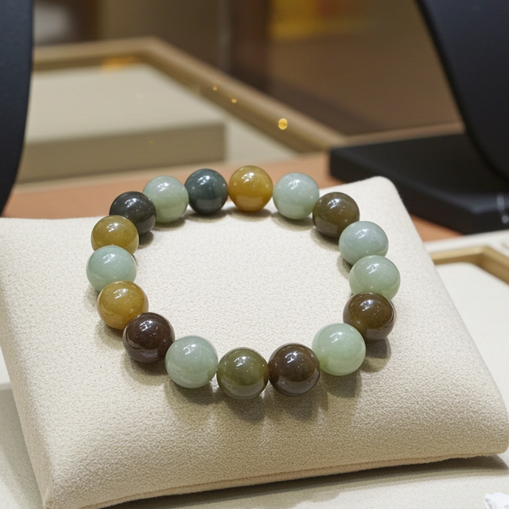 Certified genuine multiple color Hetian jade nephrite jade Bracelet - 10mm beads 6.5 inch length - Loulan color