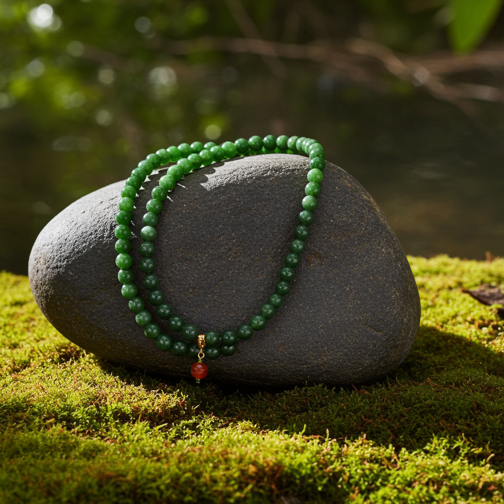 Certified genuine bright green Siberian Nephrite Jade double strand necklace 18 inches - 108 8mm beads